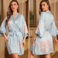 Light blue satin floral kimono robe with elegant peony print and waist tie - Light Blue Peony