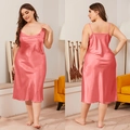 Detail of coral pink silk plus size nightgown showing the draped V-neck and loose fit - Coral