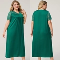 Nuisette élégante en satin vert émeraude grande taille avec dentelle florale et coupe longue - 1XL / Vert Foncé