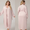 Pink satin plus size sleepwear set featuring long robe and draped neck slip dress - 1XL / Pink