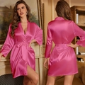 Peignoir court en satin de soie rose vif avec ceinture et col en V pour femmes - XL / Robes / Rouge Rose