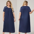 Nuisette satinée grande taille bleu marine avec dentelle florale et manches courtes - 1XL / Bleu Marine