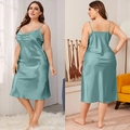 Detail of teal satin plus size nightgown showing smooth fabric and thin strap design - Grey Green