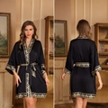 Short black silk robe for women with elegant golden Baroque patterns and waist tie - Black Gold Baroque