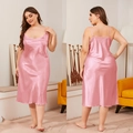 Detailed front and back view of pink satin plus size slip nightgown with draped neckline - Pink