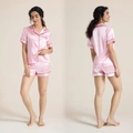 Women's pink satin short-sleeve pajama set with contrast black piping trim - Light Pink