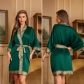 Dark green satin robe with gold baroque patterns and waist tie for luxury loungewear - Dark Green Gold Trim