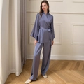 Elegant misty blue satin pajama set featuring a wrap-top with kimono sleeves and wide pants - M / Slate Purple