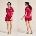 Women's burgundy satin two-piece pajama set with white piping and button-down shirt - Burgundy