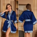 Dark blue satin robe with Bohemian printed trim and belt for luxury loungewear - Dark Blue Bohemian
