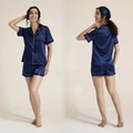 Women's two-piece dark blue satin pajama set with shorts and white piping details - Navy Blue