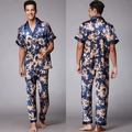 Navy blue silk men's pajama set featuring golden dragon and baroque prints with satin finish - L / Royal Blue