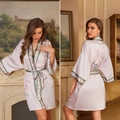 Pink satin floral bathrobe for women with green trim and elegant printed back design - Light Pink Large Floral
