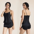 Women's black satin pajama set with spaghetti strap camisole and side slit shorts - S / Black