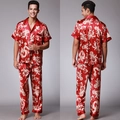 Men's red satin pajama set with golden dragon print and short-sleeved button shirt - L / Burgundy