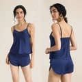 Women's navy blue satin pajama set featuring camisole top and side-slit shorts - S / Navy Blue
