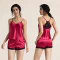 Set pigiama da donna in raso bordeaux con bordo in pizzo, canotta e pantaloncini - 2XL / Borgogna
