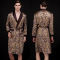 Men's gold paisley silk robe with solid brown collar and matching tie belt - Coffee Robe (Paisley Print)