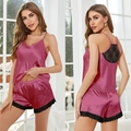 Berry pink ice silk sleepwear set with black lace trim and satin finish two-piece set - Purple Potato Red