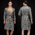 Men's silk-like long sleeve robe in dark grey blue with golden paisley patterns - Navy Robe (Paisley Print)