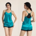 Two-piece peacock blue silk pajama set with black lace trim and Y-shaped back design - Lake Blue