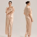 Conjunto de pijama de dos piezas para mujer en seda oro champán con manga corta - S / Caqui