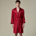 Mens burgundy satin silk bathrobe with white piping and chest crest embroidery - Wine Red (Knight Embroidery)