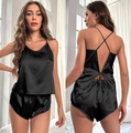 Women's black satin pajama set with cross-back camisole and matching shorts - S / Black