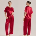 Conjunto de pijama de seda helada rojo rubí con manga corta y pantalones anchos mujer - S / Burdeos