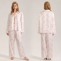 Dames satijnen 2-delige pyjamaset met roze hartjesprint op witte lange mouwen en lange broek - S / Wit Roze Hart
