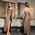 Nuisette en soie champagne pour femme avec dentelle noire et fente latérale sexy - S / Camel