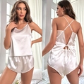 Elegant pearl white satin two-piece sleepwear set with V-neck camisole and backless design - S / White