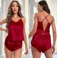 Burgundy satin two-piece sleepwear set featuring a cross-back camisole and shorts - S / Burgundy