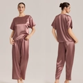 Women's silk satin pajama set with short sleeves and pants in metallic dusty rose - Dark Purple