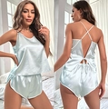 Ice silk pajamas set with light blue camisole and shorts featuring cross-back straps - S / Pale Mint