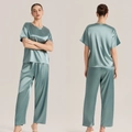 Women's ice silk pajama set with short sleeve top and trousers in dusty blue satin finish - Grey Green