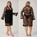 Plus size black lace robe set with satin trim and matching inner lingerie for women - 1XL / Black Single Robe