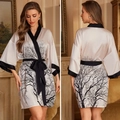 Champagne satin bathrobe for women with black tree shadow prints and belted waist - One Size / Cold Branch Quiet Shadow