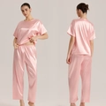 Pink silk satin two-piece pajama set with short-sleeved top and elastic long trousers - Light Pink