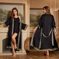Elegant black satin women's loungewear set with gold pattern on the robe and dress - Floating Light Baroque (Robe Only)