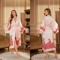 Elegant long-sleeved pink satin robe for women with red floral lace trim details - Pink Print