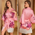 Elegant pink floral satin robe with luxury rose prints and waist belt for women - One Size / Red Flower White Snow