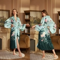 Women's silk satin long robe with gradient green floral print and belted waist - Gradient Green Floral