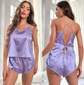Ensemble de pyjama en satin de soie lilas pour femme avec caraco et short confortable - Violet crépuscule