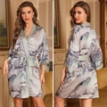 Women's satin chiffon robe featuring elegant Chinese ink painting landscape print - One Size / Spring Mountain Plain
