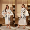 Elegant white satin long robe for women with peacock floral print and waist tie - Beige Peacock Print