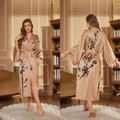 Women's champagne gold satin long robe with black floral print and belted waist - Champagne Floral Shadow