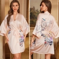 Short pink satin robe for women with elegant floral and bird print and tie waist - One Size / Flower Shadow Blue Phoenix