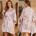 Elegant lotus pink satin robe featuring oversized floral patterns and waist tie - One Size / Pink Floral Dance