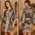 Luxe satin bathrobe with traditional Chinese landscape print and silk waist tie - One Size / Spring Emerald Screen